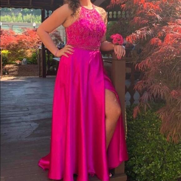 Mori Lee Dresses & Skirts - Mori Lee Fuchsia Embellished 2 Piece Prom Dress Size 10 Halter Gown